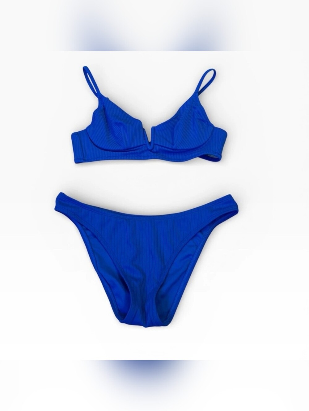 Shade & Shore Bright Blue Ribbed V-Notch Bikini Set